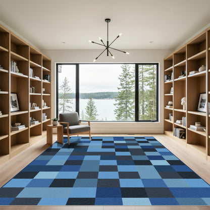Deep Blue Pixel Gradient Squares Rug