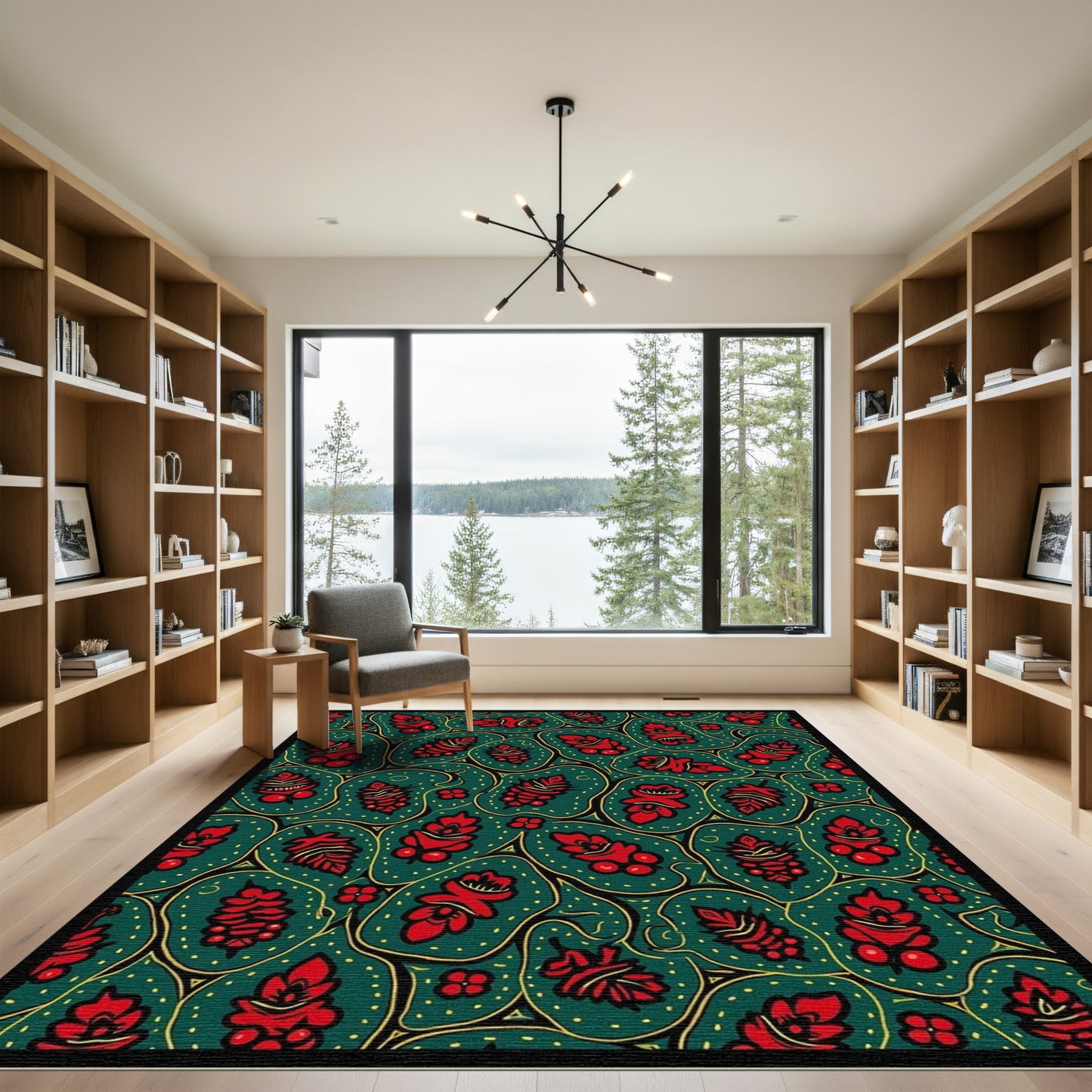 Red Floral Medallions Green Organic Rug