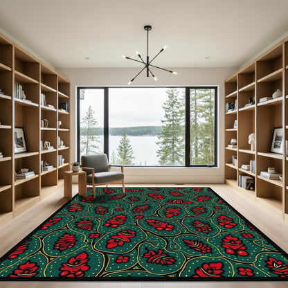 Red Floral Medallions Green Organic Rug