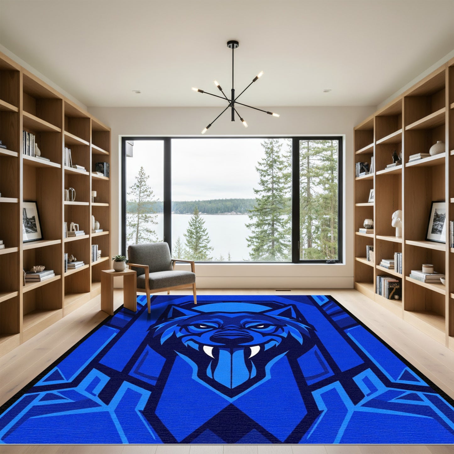 Vibrant Blue Wolf Geometric Composition Rug