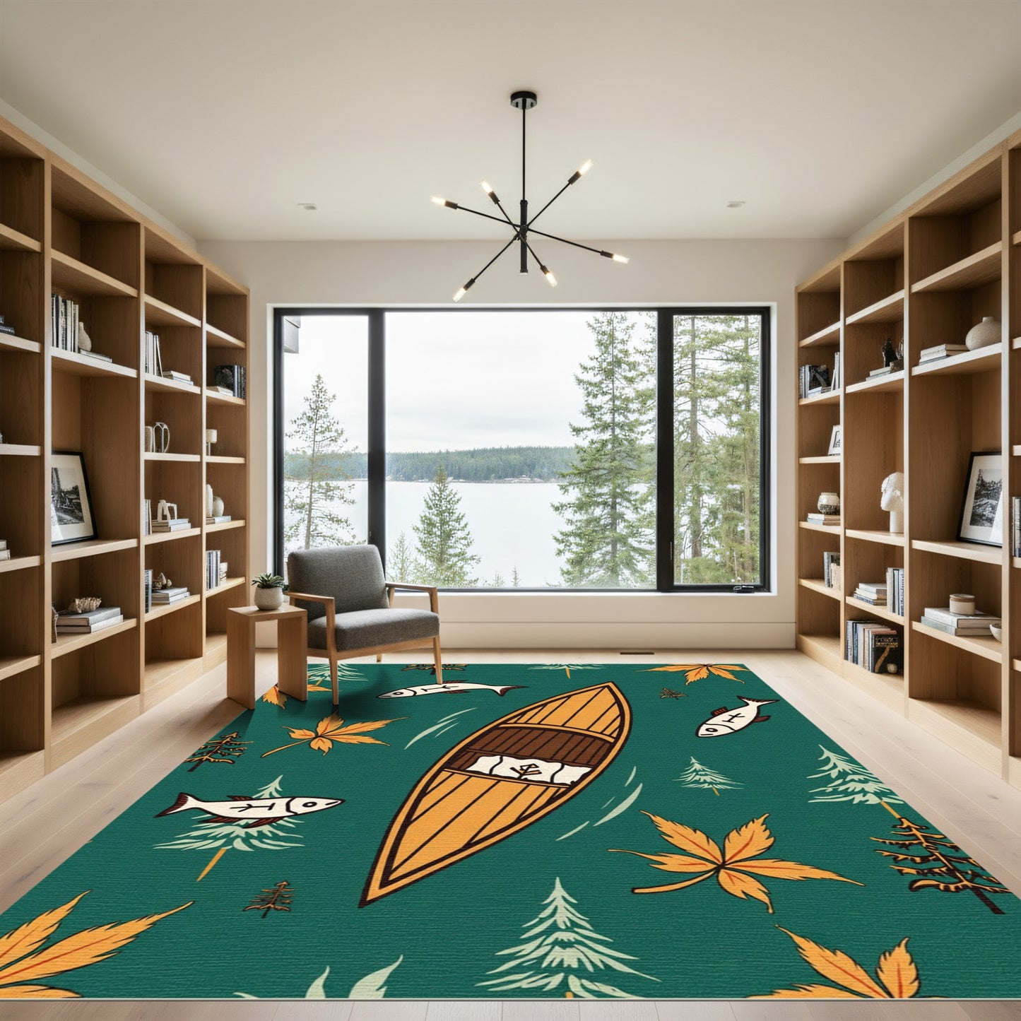 Woodland Canoe Fish Autumn Maple Leaves Rug