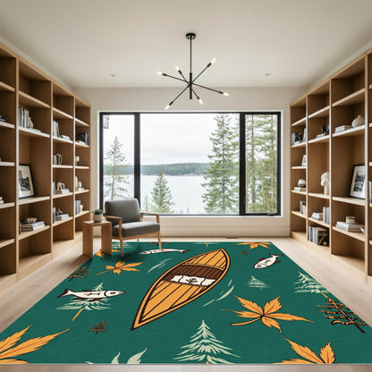 Woodland Canoe Fish Autumn Maple Leaves Rug