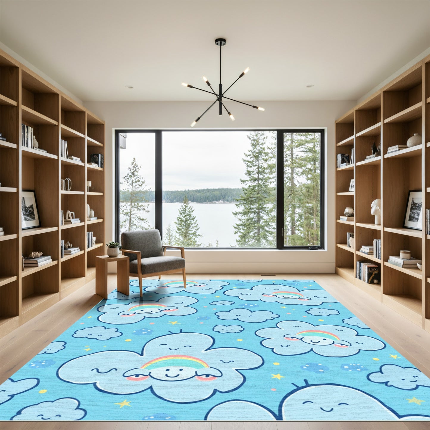 Cheerful blue clouds rainbow stars Rug