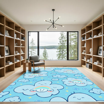 Cheerful blue clouds rainbow stars Rug