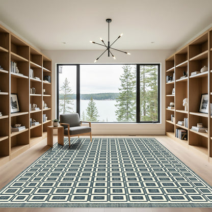 Retro Teal Grid Squares Rug