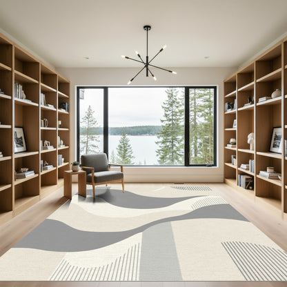 Soft Gray Cream Abstract Wave Rug