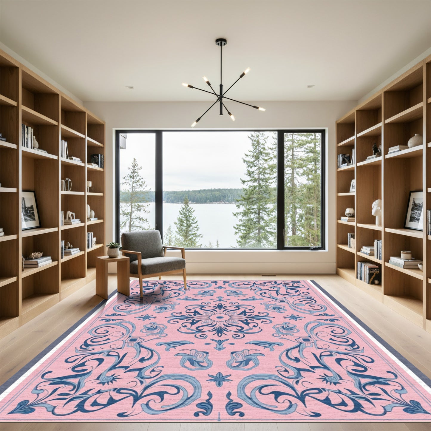 Pink Blue Floral Scroll Overlay Rug