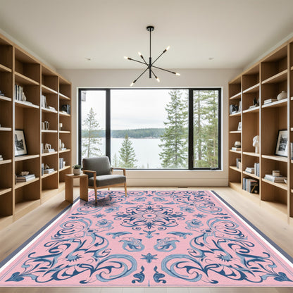 Pink Blue Floral Scroll Overlay Rug