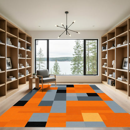 Orange Gray Black Geometric Blocks Rug