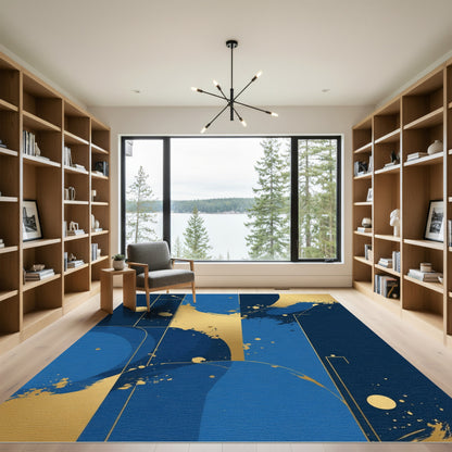 Modern Blue Gold Abstract Brushstroke Rug