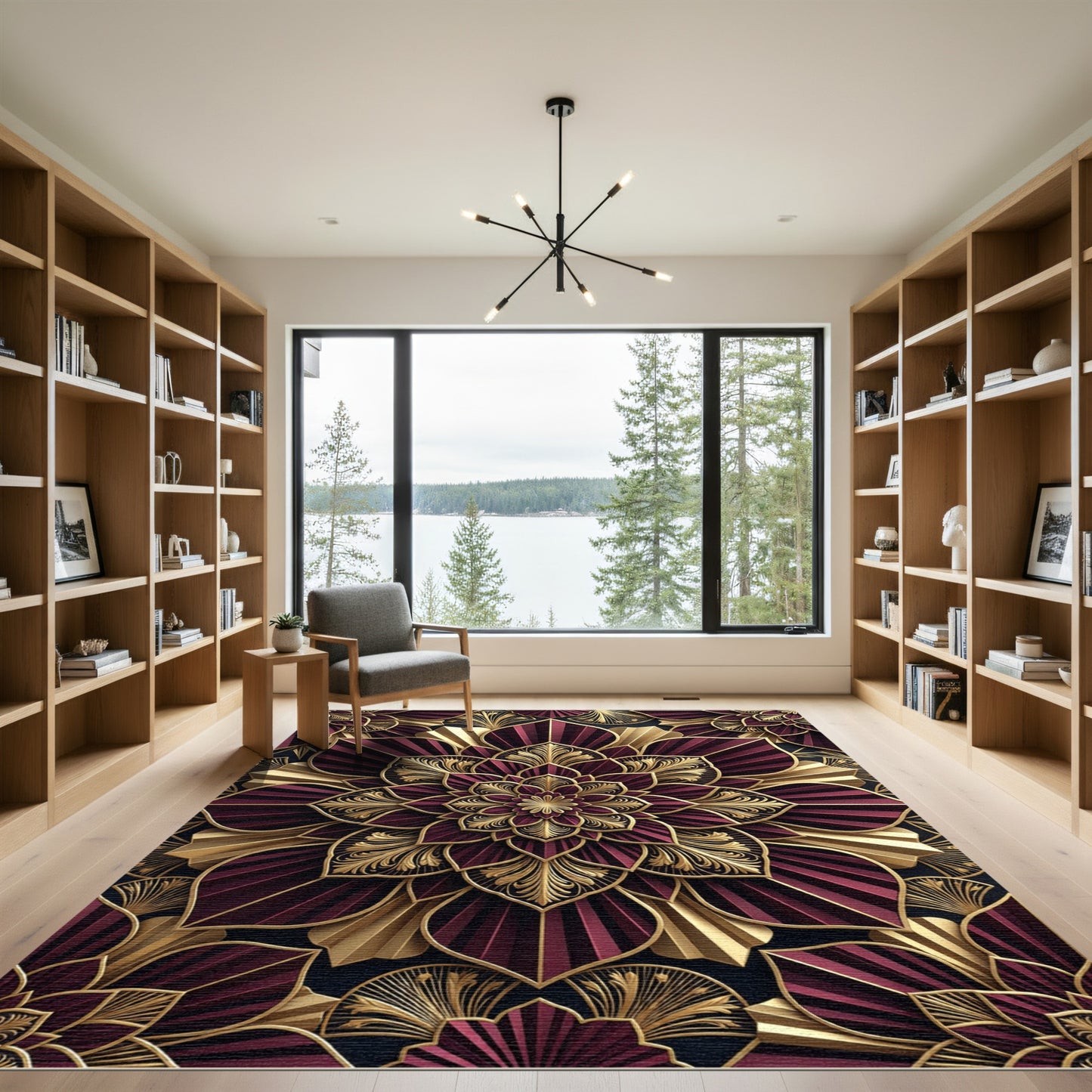 Crimson Gold Art Deco Floral Sunburst Rug