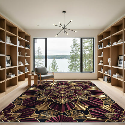 Crimson Gold Art Deco Floral Sunburst Rug