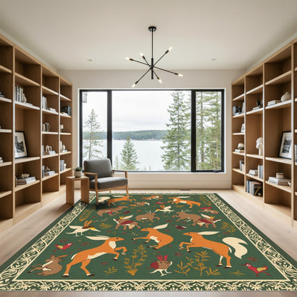Whimsical Woodland Creatures Forest Green Rug