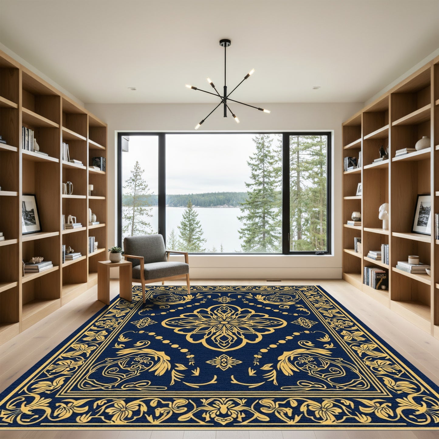 Golden Floral Medallion Blue Rug