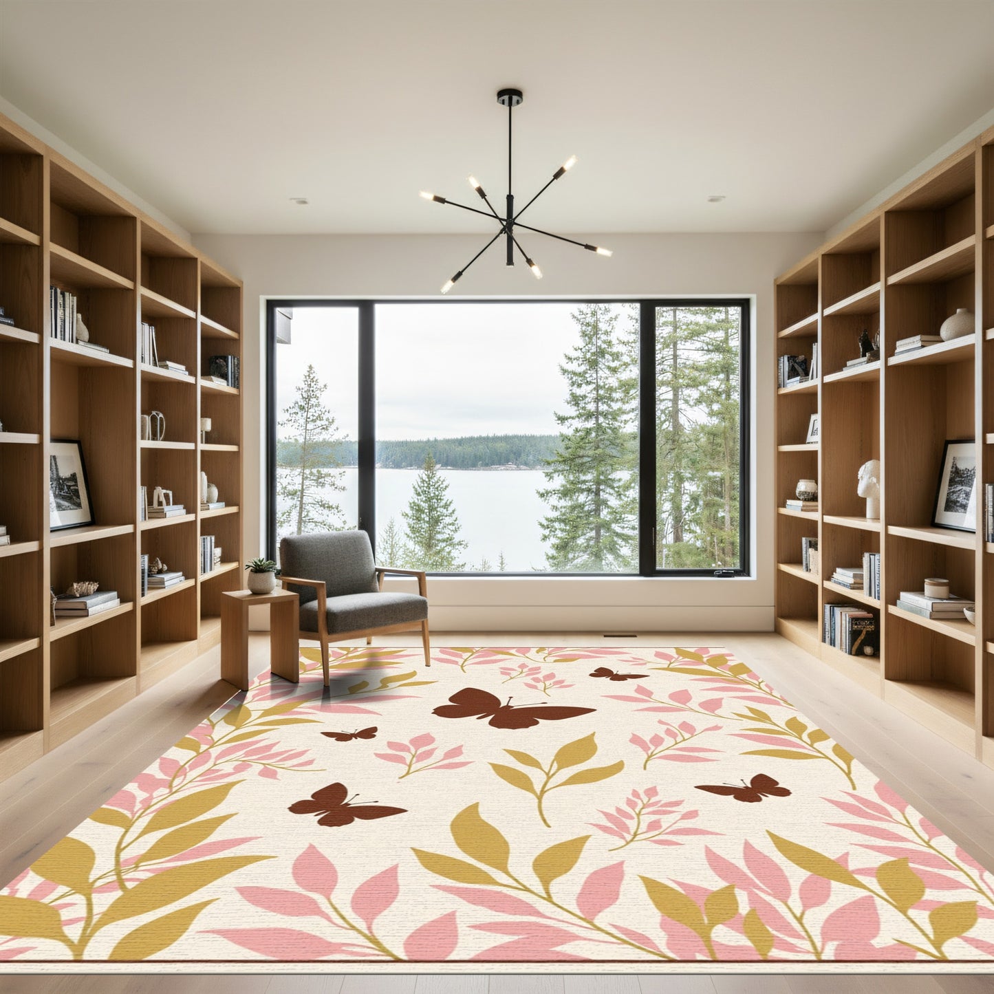 Brown Butterfly Pink Leafy Branch Rug