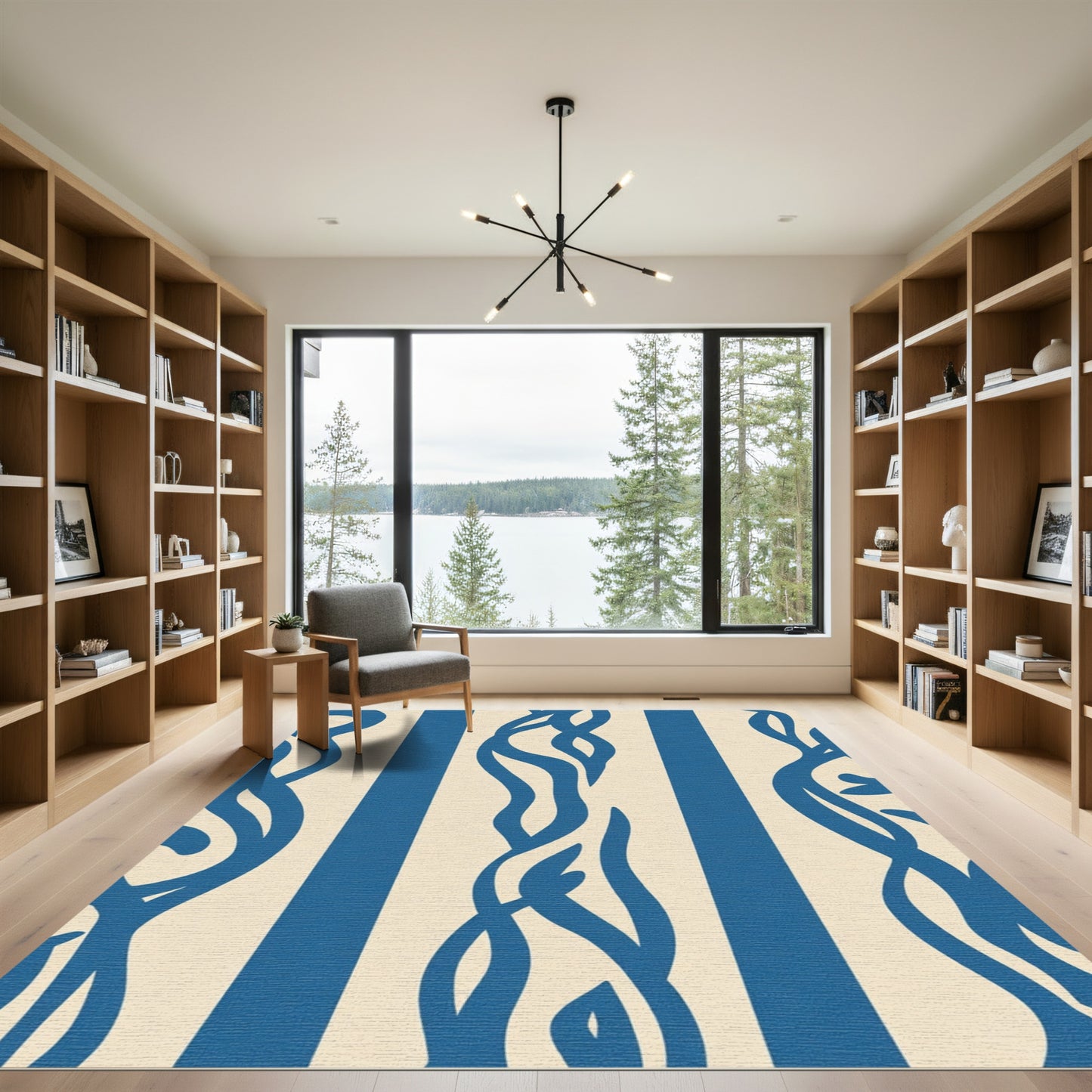 Blue Abstract Stripe Botanical Rug