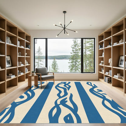 Blue Abstract Stripe Botanical Rug
