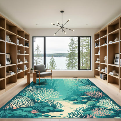 Teal Underwater Forest Coral Scene Rug