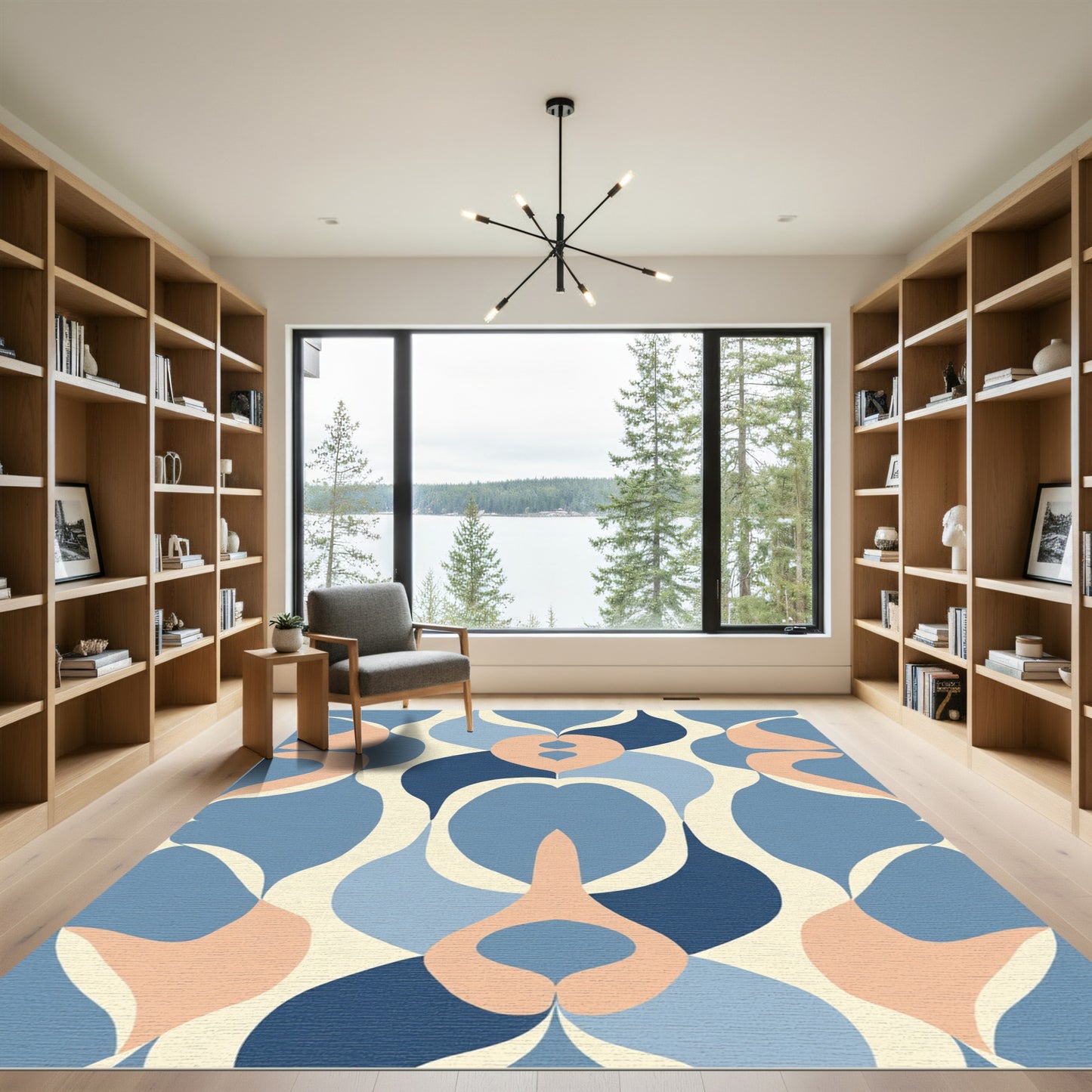 Mid Century Blue Peach Abstract Swirl Rug
