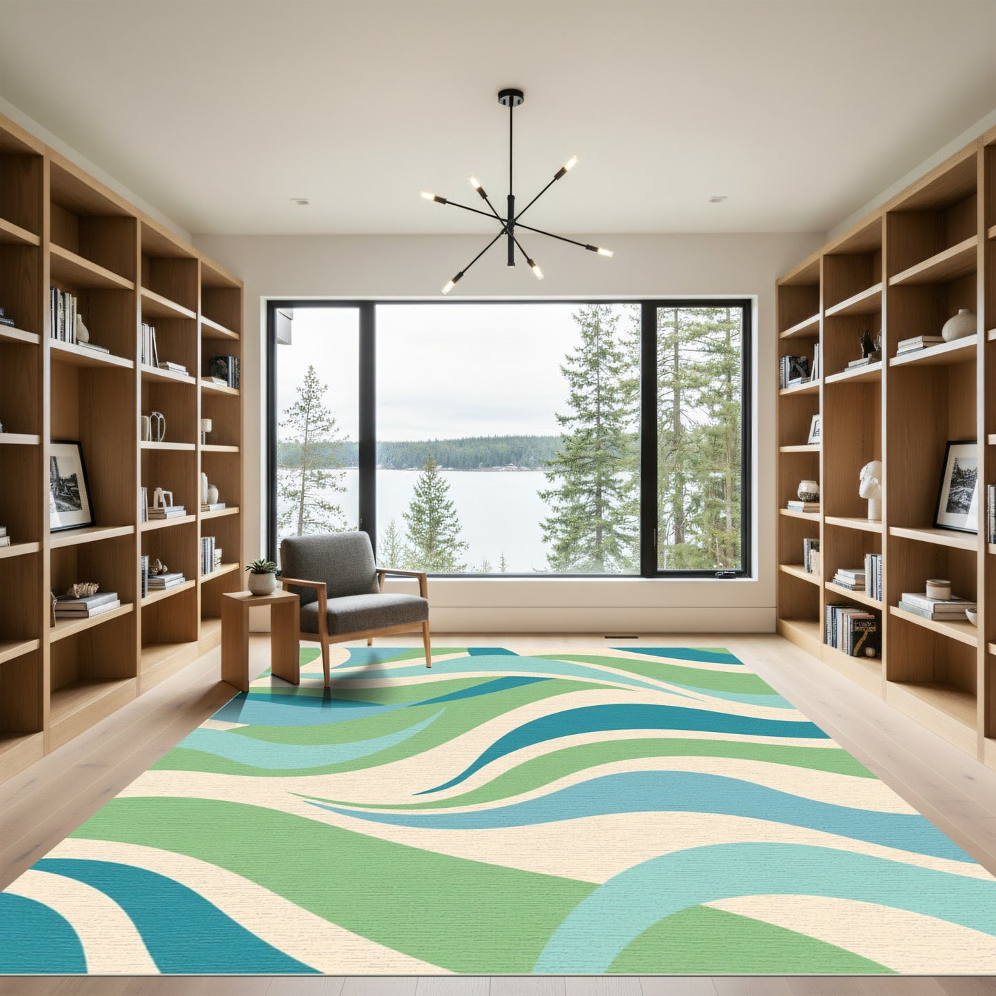 Cream Green Blue Flowing Waves Rug