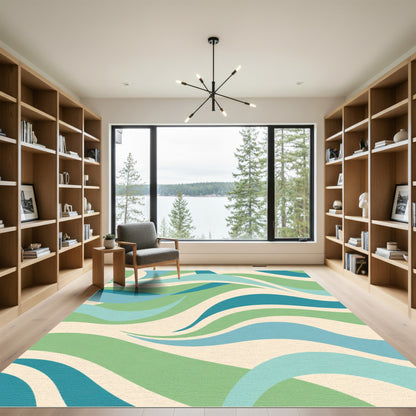 Cream Green Blue Flowing Waves Rug