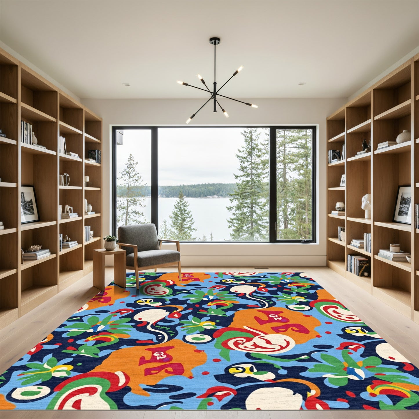 Vibrant Abstract Shapes Blue Orange Floral Rug