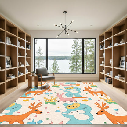 Whimsical Woodland Creature Cartoon Composition Rug