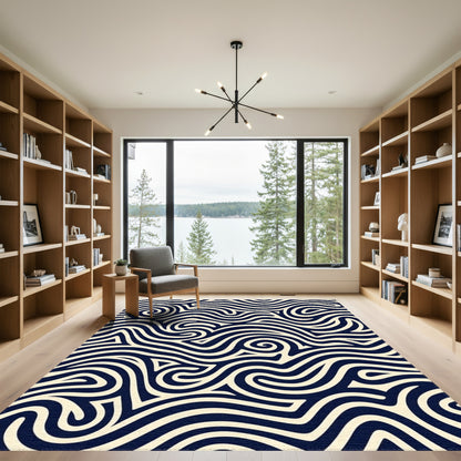 Navy Cream Swirling Waves Rug
