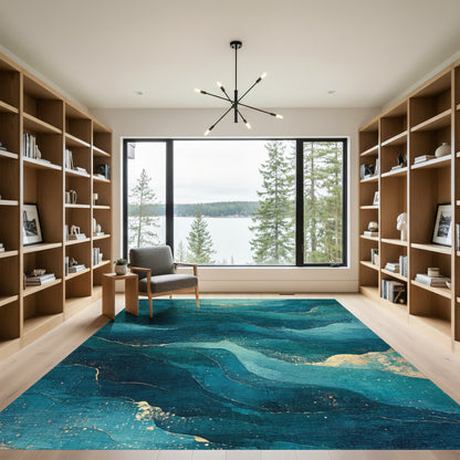 Layered Teal Gold Waves Rug