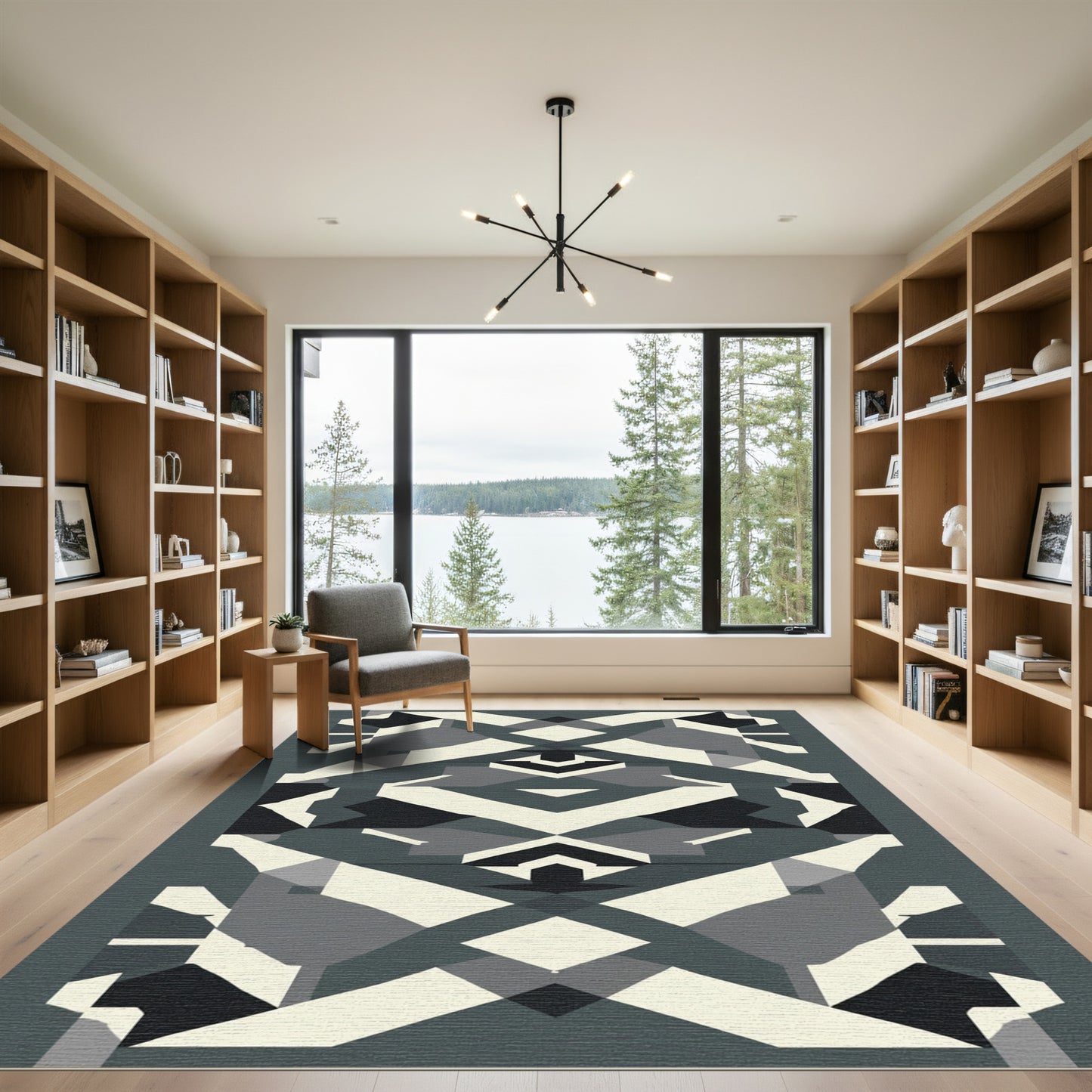 Modern Geometric Abstract Cream Charcoal Rug