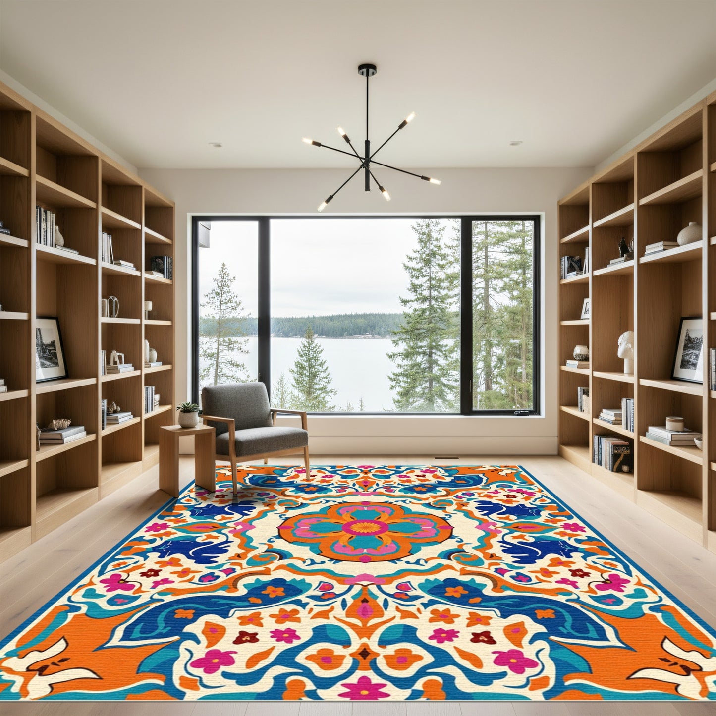 Bold Orange Blue Floral Bloom Rug
