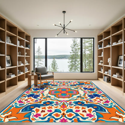 Bold Orange Blue Floral Bloom Rug