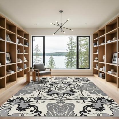 Monochromatic Floral Scroll Mandala Rug