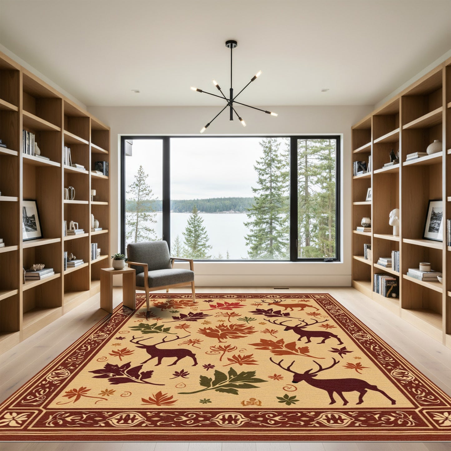 Autumn Deer Red Maple Leaf Arrangement Rug