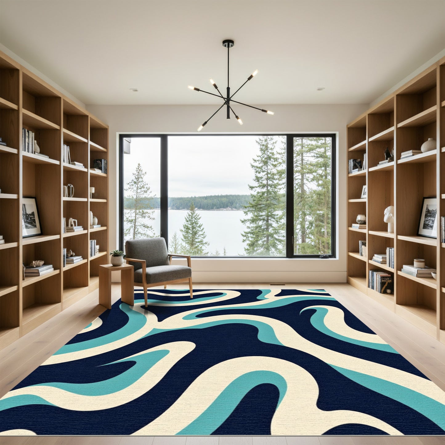 Navy Cream Aqua Swirl Ribbon Rug