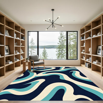 Navy Cream Aqua Swirl Ribbon Rug