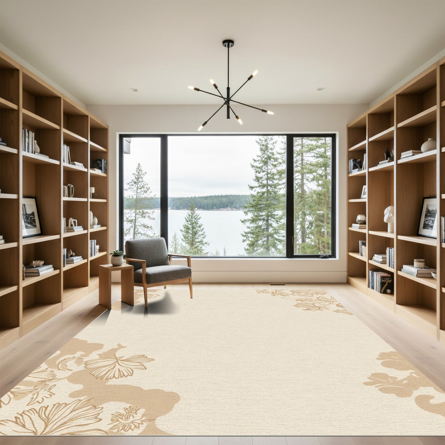 Cream Floral Edge Line Art Rug