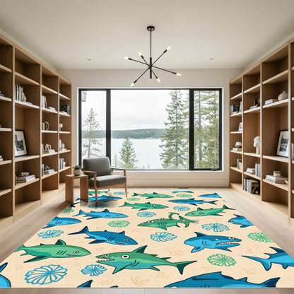 Playful Blue Green Shark Swarm Rug