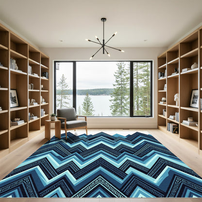 Geometric Mountain Peaks Blue Rug