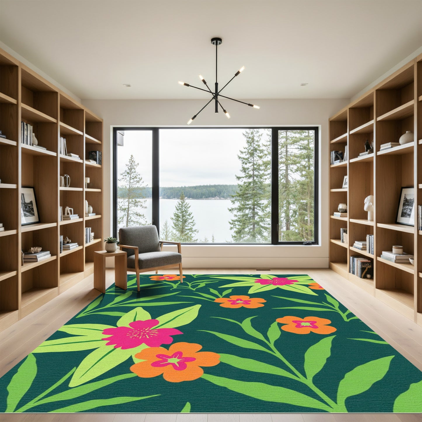 Vibrant Pink Orange Floral Foliage Rug