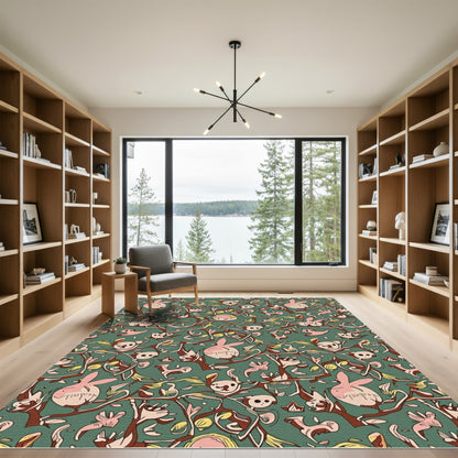 Whimsical Pink Bunny Garden Scene Rug