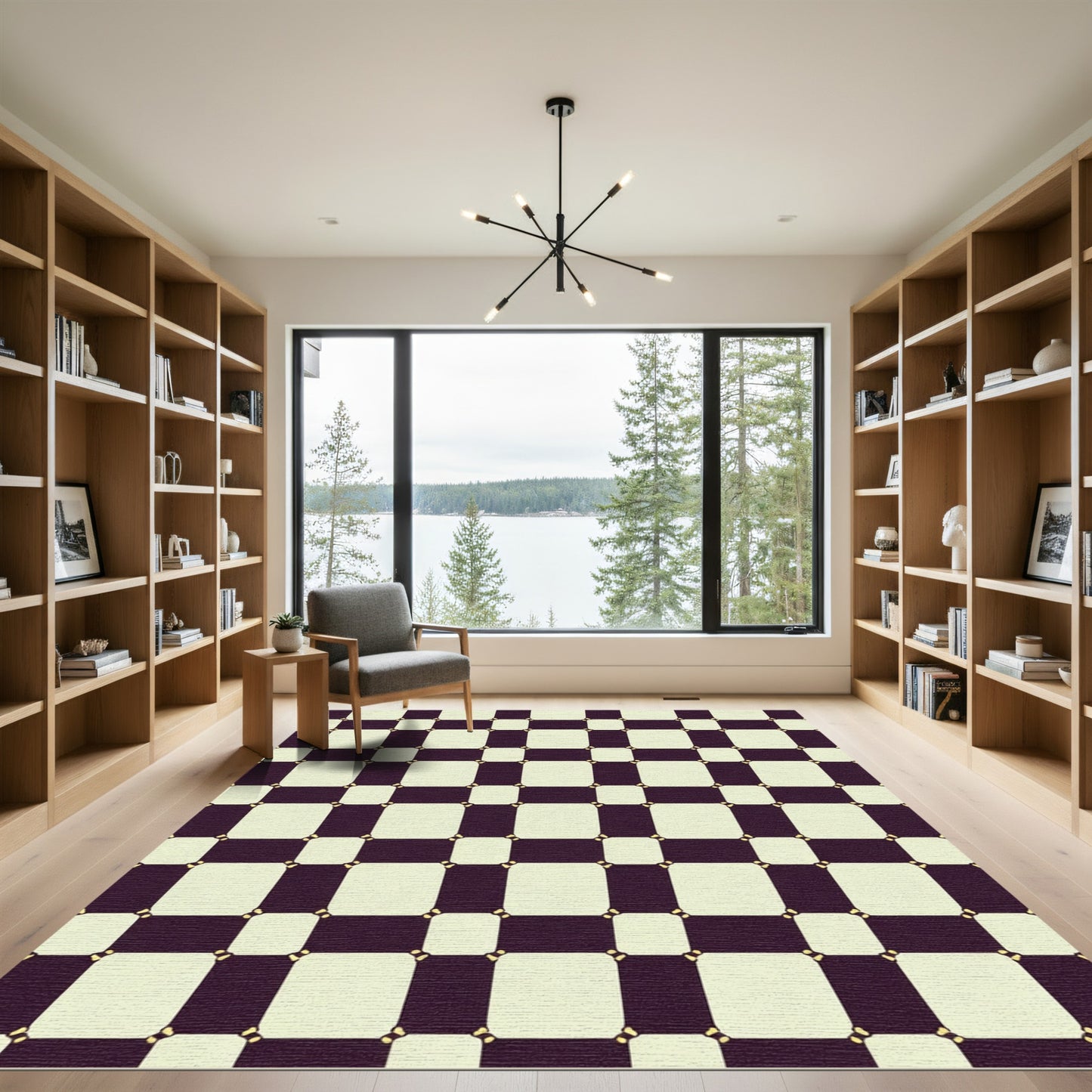 Dark Plum Cream Checkerboard Squares Rug