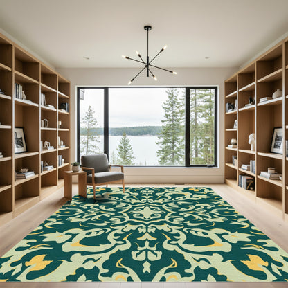 Teal Golden Flourish Damask Rug
