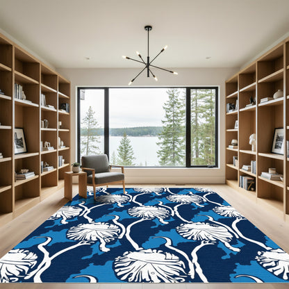Deep Blue White Floral Vine Rug