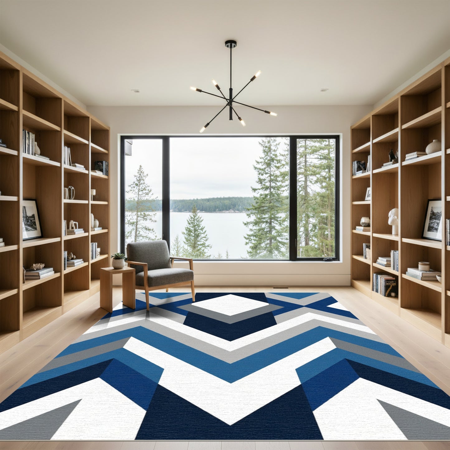 Navy Blue Geometric Chevron Modern Rug