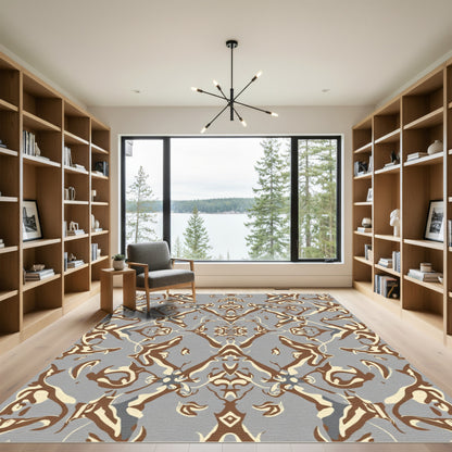 Earthy Neutral Swirl Abstract Medallion Rug