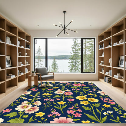 Pink Yellow Hollyhock Floral Arrangement Rug