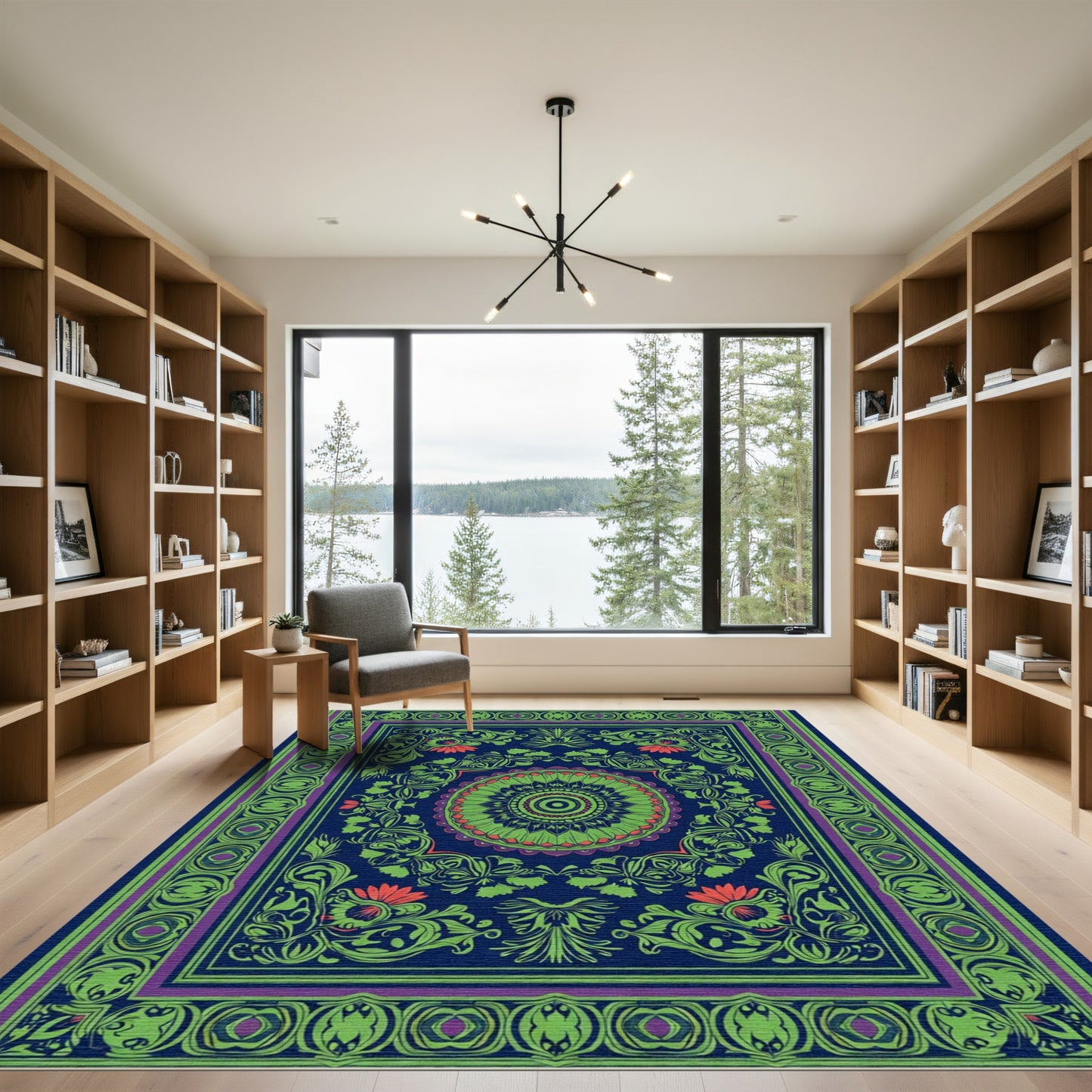 Deep Indigo Green Floral Medallion Rug