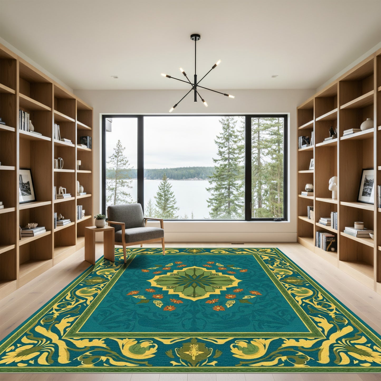 Emerald Teal Floral Medallion Border Rug