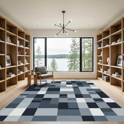 Modern Slate Gray Geometric Blocks Rug